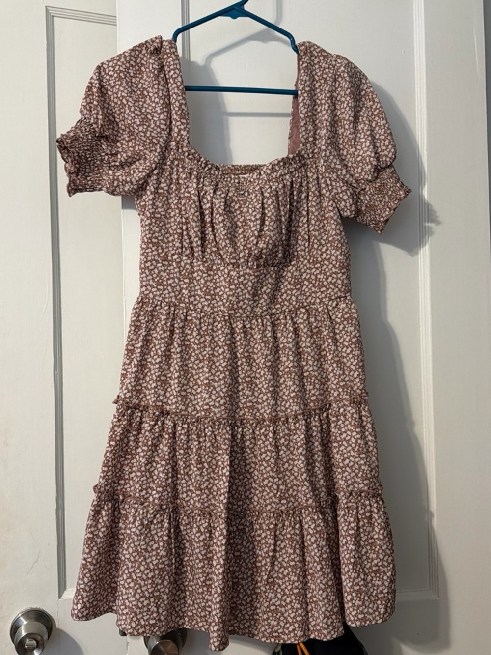 Altar'd State Dusty Rose Floral Tiered Puff-Sleeve Mini Dress